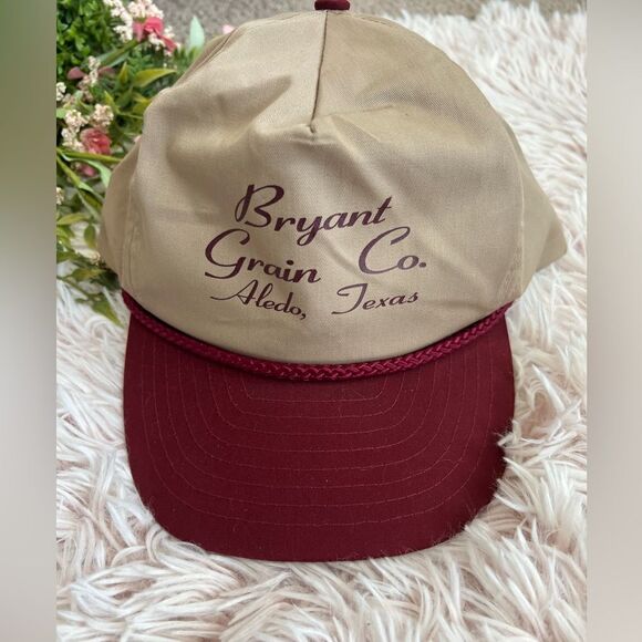 Vintage Nissun Tan Maroon Rope Band Snapback Trucker Hat Texas Bryant Grain Co - Picture 2 of 7